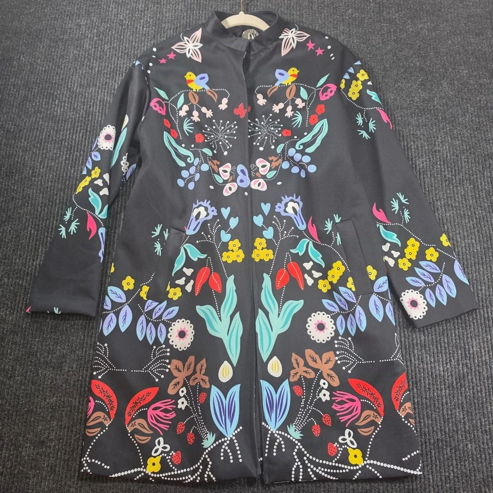 Eva Franco Floral Bird Print Coat Womens Large Black Excellent Lined Back Slit